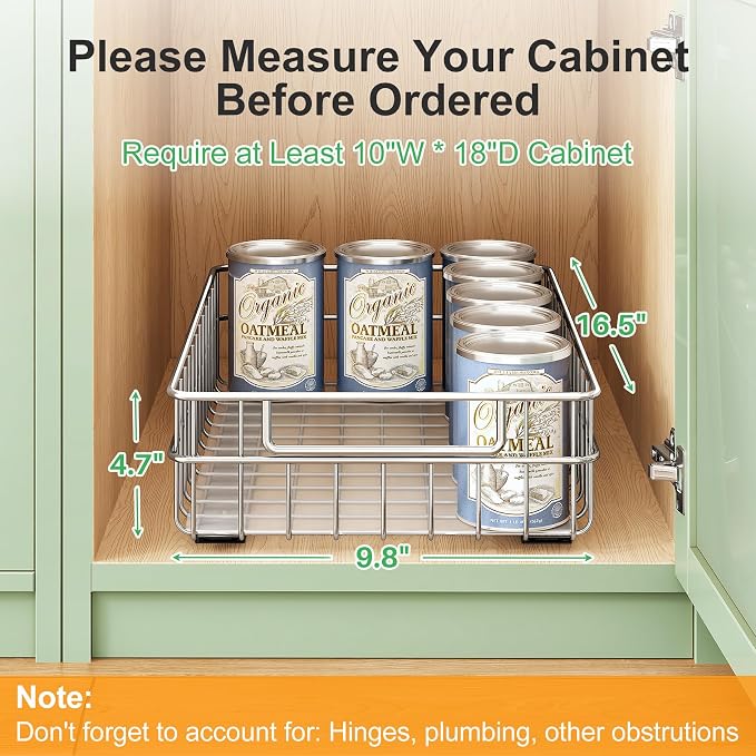 Pull out Cabinet Organizer, Stainless Steel 2-Pack (9.8"W x 16.5"D) Full-Extension Slide out Drawer, Adhesive Roll out Can Spice Storage Basket Shelf Rack for Pantry, Kitchen, Bathroom, Home Closet