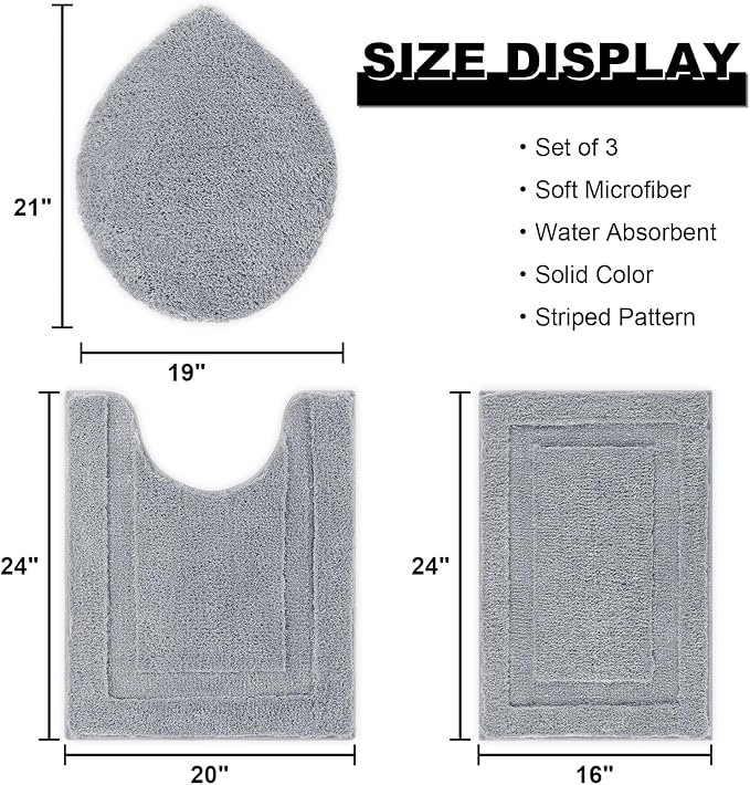 SHACOS Microfiber Bathroom Rugs Set of 3 Pieces | Small Bath Mats 16"x24" with Toilet Lid Cover U Shaped Toilet Rug Fluffy Plush Non Slip Washable Carpet(Light Grey)