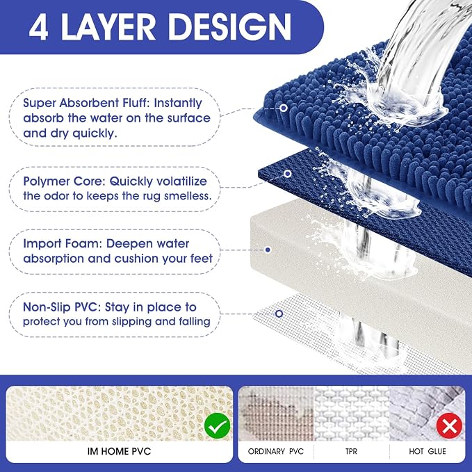 ACCUMTEK Striped Denim Blue Toilet Bathroom Rug Mat 24" x 20" Contour Rug Ultra Soft, Non Slip Chenille Bath Rugs, Absorbent Plush Shaggy Bath Mats for Bathroom, Bedroom, Kitchen, Shower, Tub