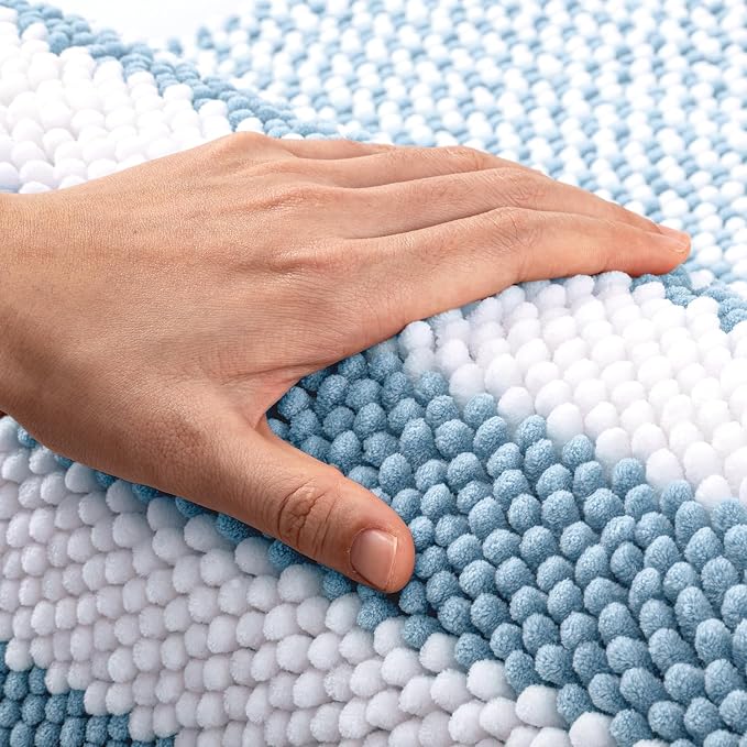 Bathroom Rugs, 20x32 Chenille Bath Mats, Light Blue | Extra Soft Absorbent, Non Slip Striped, Quick Dry Machine Washable, Modern, Shower Rug for Bathroom Bedroom Decor