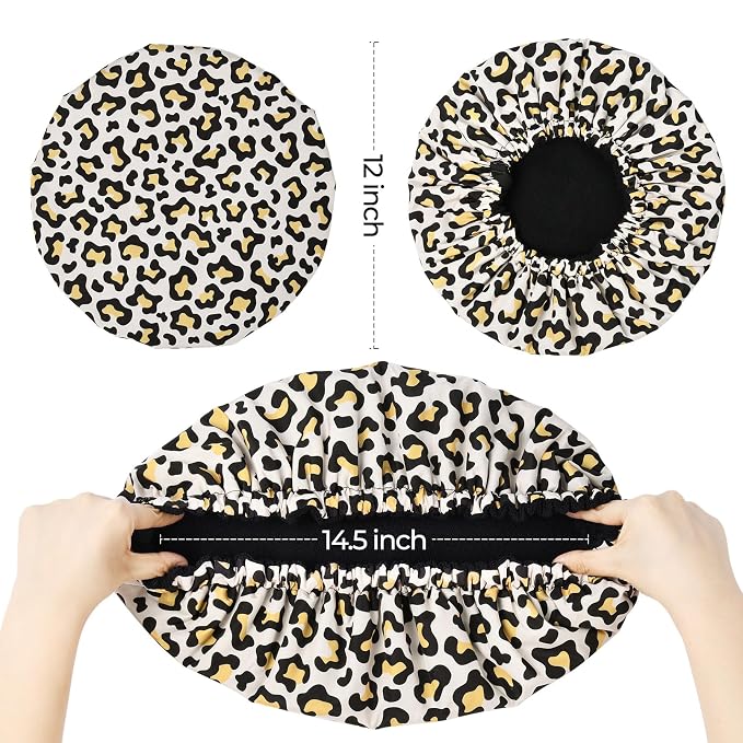 Shower Cap for Women Terry Lined Bath Cap Large Reusable Waterproof Elastic Band Leopard Shower Caps for Long Thick Hair Soft Bath Shower Hair Caps