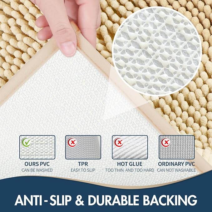 TREETONE Bathroom Rugs Sets, Thick Soft Absorbent 3 Piece Chenille Bath Rugs, Non-Slip, Dry Quickly, Machine Washable, Shaggy Mats with U-Shaped Toilet Rug for Bathroom Floor, Tub and Shower, Beige