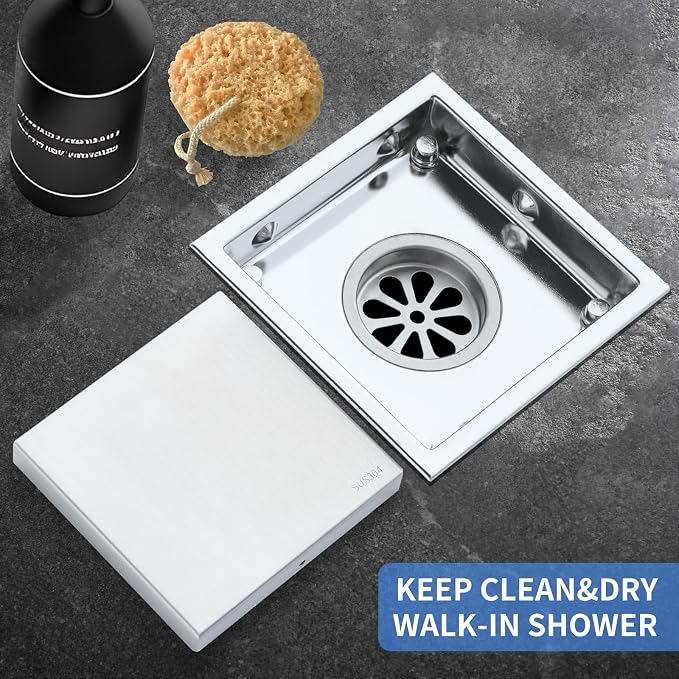 4-Inch Square Shower Drain, Brushed Nickel Floor Drain with Flange, 304 Stainless Steel Bathroom 2-in-1 Tile Drain