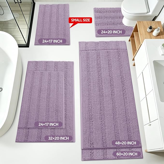 ACCUMTEK Striped Lavender Bathroom Rug Mat Set 2 piece 32"x20"+24"x17" Ultra Soft, Non Slip Chenille Bath Rugs, Absorbent Plush Shaggy Bath Mats for Bathroom, Bedroom, Kitchen, Shower, Tub