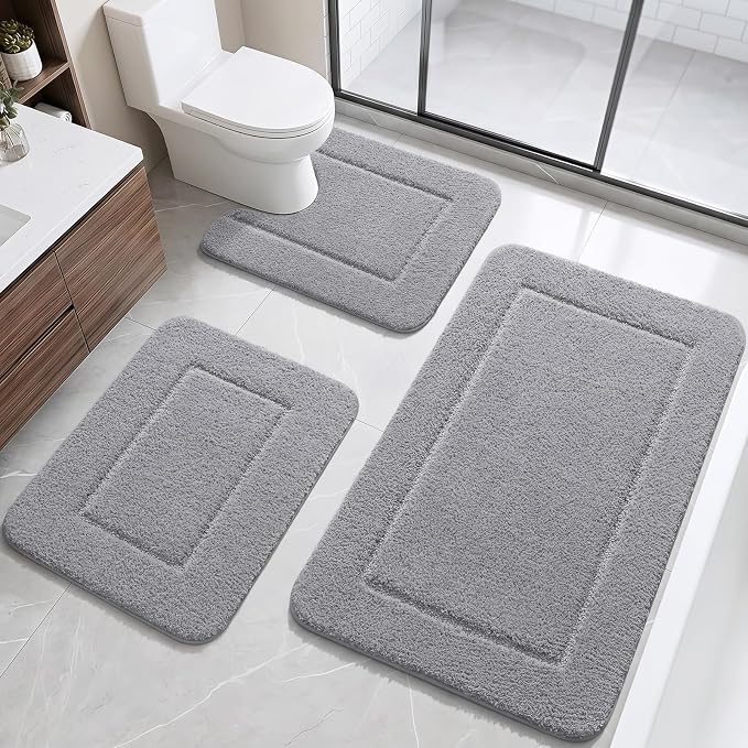 LOCHAS Bathroom Rug Set 3 Piece, Bath Rugs Sets Non Slip Backing, Grey | Washable Absorbent Microfiber Bath Mat Set, Soft Cozy Bathroom Mat for Shower Sink Toilet