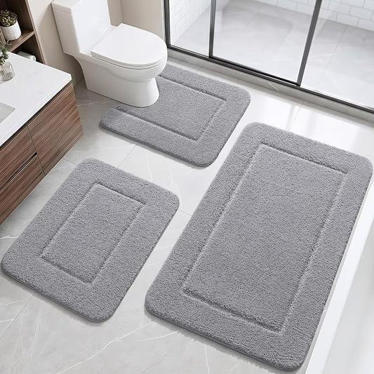 LOCHAS Bathroom Rug Set 3 Piece, Bath Rugs Sets Non Slip Backing, Grey | Washable Absorbent Microfiber Bath Mat Set, Soft Cozy Bathroom Mat for Shower Sink Toilet