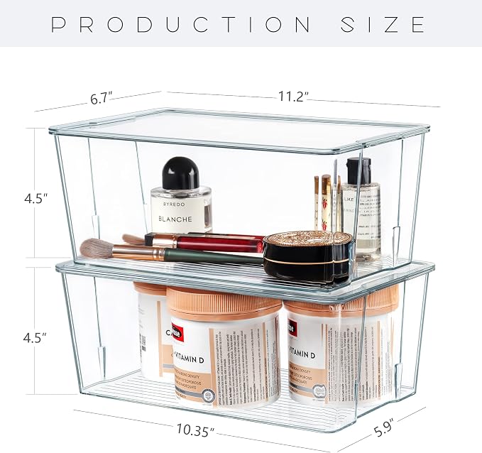 Hudgan Clear Plastic Storage Organizer Bins with Acrylic Lids for Home Office, Kitchen, Cupboard, Pantry Shelves, Medicine Cabinet, Craft Rooms - 4.5-Inches Tall - 4 Pack