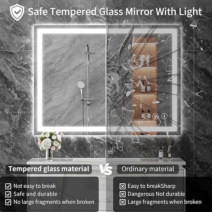 Koonmi 40x36 LED Bathroom Mirror with Light, Anti-Fog, 3 Colors | Backlit + Front Lit, Dimmable Brightness, Shatterproof HD Distortion-Free Tempered Glass, Hardware Included