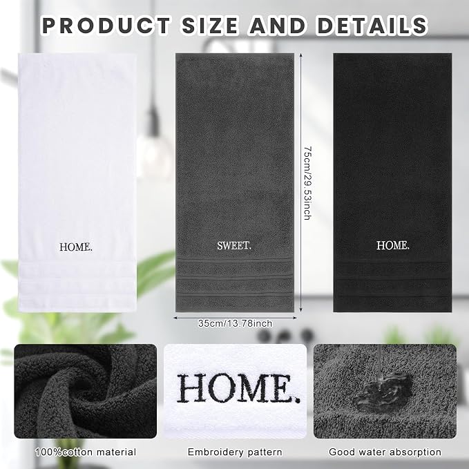 3 Pcs Hand Towels Bathroom Set,Black,Home Sweet Home | Embroidered Cotton Farmhouse Towels, Kitchen Decor, Rustic Boho Decorative with Text Labels, Guest Bath Home