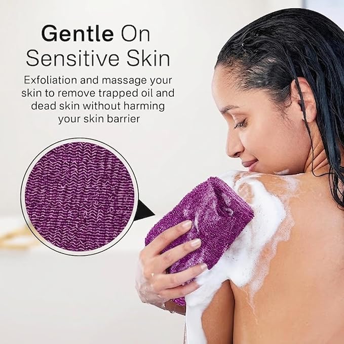 Exfoliating Washcloth Towel- Exfoliating Body Scrubber Exfoliator, Back Scrubber for Shower Bath, Exfoliate Rags Wash Cloths, Loofah Lufa Sponge, Deep Blue + Deep Purple + Olive Green