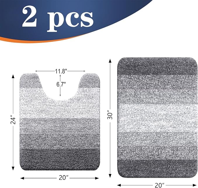 OLANLY Micorfiber Bathroom Rug Set 2 Piece, 24"x16"+U-Shaped 24"x20" | Grey, Soft Absorbent Bath Mats and Contour Toilet Rug, Non-Slip, Machine Wash Dry, Plush Shaggy Bath Mats for Bathroom