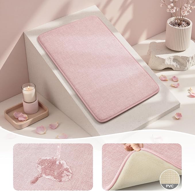 HOMEIDEAS Memory Foam Bathroom Rugs Set of 2, Pink 24"x17"+32"x20" | Ultra Absorbent Quick Dry Bath Mats with Non Slip PVC Backing, Machine Washable, Ideal for Bath Floor, Shower and Tub