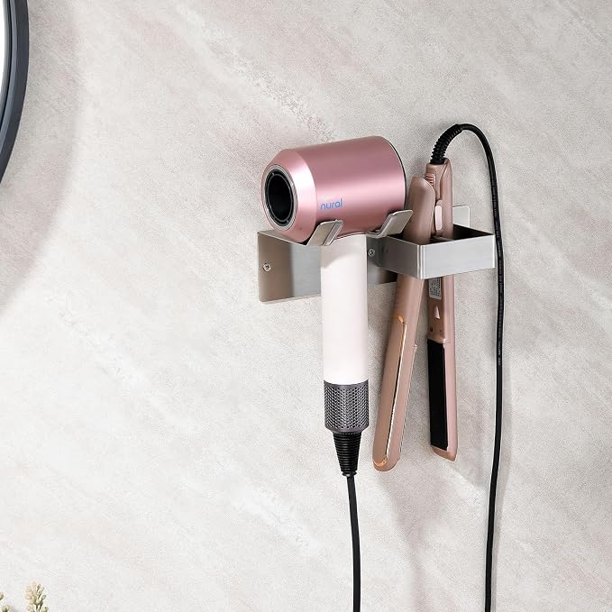 Hair Dryer Holder Wall Mounted, Hair Tool Organizer Wall Mount for Bathroom, Stainless Steel Hair Dryer Holder, Blow Dryer Holder Adhesive/Drilling Hair Dryer and Straightener Holder UEMUSI