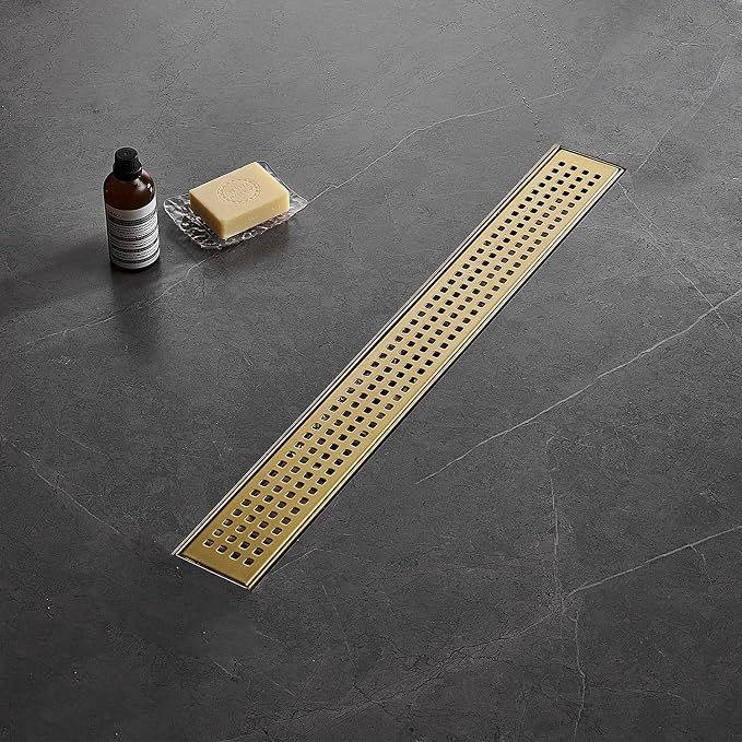 AVSIILE Linear Shower Floor Drain, Brushed Gold 48 Inch 304 Stainless Steel Bathroom Drains Kit, Long Rectangular Shower Trench Drain with Square Pattern Drain Cover & Hair Catcher