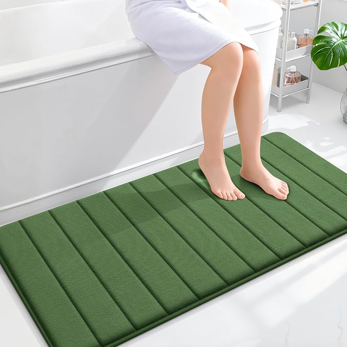 OLANLY Memory Foam Long Bathroom Rugs Runner 47x24, Super Soft Absorbent | Olive Green, Quick Dry Bath Mat, Machine Washable Shower Floor Rugs, Bathmat Carpet for Bathroom Floor, Tub and Shower