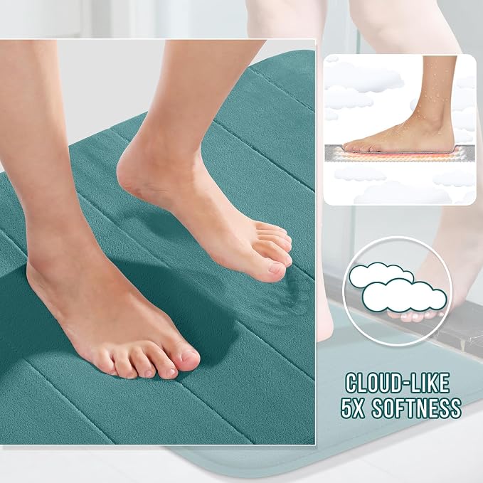 Yimobra Memory Foam Bath Mat Set 3 Pieces- Super Soft Absorbent Quick Dry Bathroom Rug Sets, Machine Washable Non Slip Floor Carpet for Tub Shower, Vanity & Toilet Base, Teal