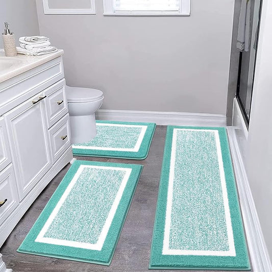 Pauwer Bathroom Rug Sets 3 Piece, Non Slip Washable Bath Mat, Teal | Soft Plush Microfiber, Super Absorbent Floor Carpet, U Shaped Toilet Mats, Quick Dry, Shaggy Shower Rugs Runners