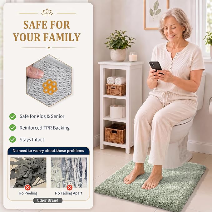 Yimobra Toilet Rugs U Shaped Washable 24X20, Ultra Soft and Water Absorbent Bath Mats, Non Slip Fluffy Shaggy Luxury Microfiber Contour Bath Rugs for Toilet, Dry Quick, Light Green and White