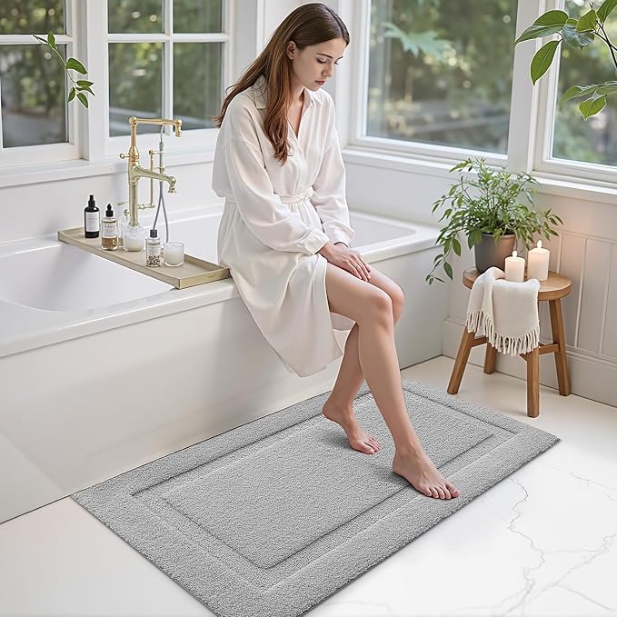 LUMI Large Bathroom Rugs Soft Absorbent, Non Slip Bath Mat 24x43, Grey | Machine Washable with Rubber Backing, Quick Dry, Premium Microfiber Plush Carpet for Bathtub and Shower Floor