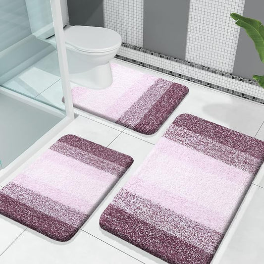 OLANLY Microfiber Bathroom Rugs Sets 3 Piece, 30"x20"+24"x16"+24"x20" | Mauve, Soft Absorbent Bath Mats and U-Shaped Contour Toilet Rug, Machine Wash Dry, Plush Shaggy Bath Mat Set for Bathroom
