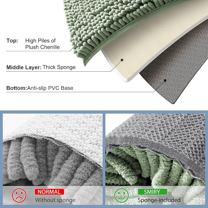 Smiry Chenille Bathroom Rugs Sets 2 Piece (47x20+30x20, Sage Green) | Soft Absorbent Machine Washable Non Slip Shaggy Bath Rug Set for Tub, Shower, and Floor, Home Decor