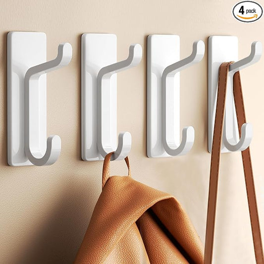 Self Adhesive Wall Hooks for Hanging: Extra Strong 13 LB, Hook for Coat, Towel in Bathrooms, Shower, Kitchen, Wall, Door Hook, White 4 Pack