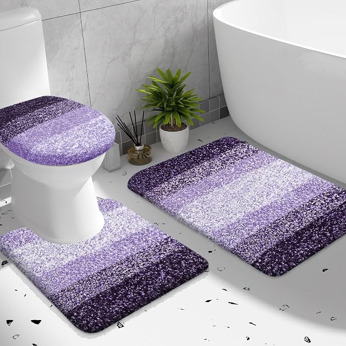 OLANLY Bathroom Rugs Sets 3 piece, Soft Microfiber Absorbent Bath Mat, U-Shaped Contour Toilet Mat and Toilet Lid Cover, Quick Dry, Machine Washable, Toilet Cover and Rug Set for Bathroom, Violet