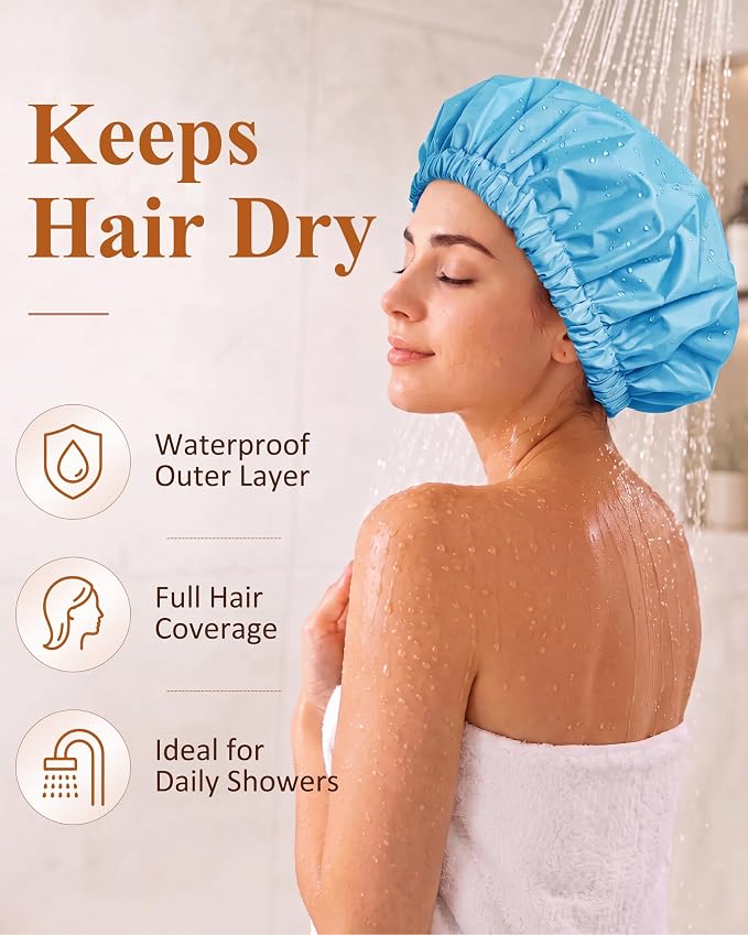 Edoneery Shower Caps for Women Reusable Waterproof, Shower Hair Cap | Washable Bonnet, Wide Elastic Band, Large Fit, Holds Long Hair, Braids Friendly, Bath Accessories, Spa, Travel