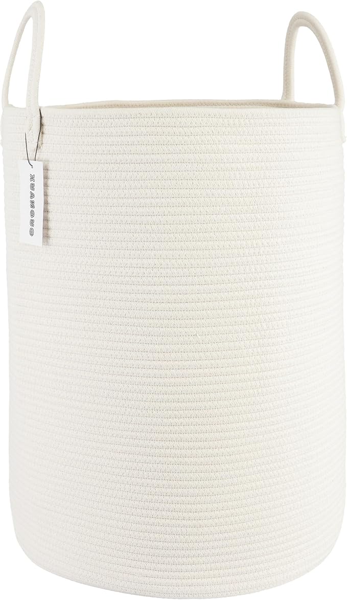 XUANGUO Cotton Rope Laundry Basket Hamper for Clothes Woven Storage Basket for Living Room Bedroom Boho Tall Rope Baskets for Blanket Toys Pillow Towels Baby Nursery Hamper Bin Large white