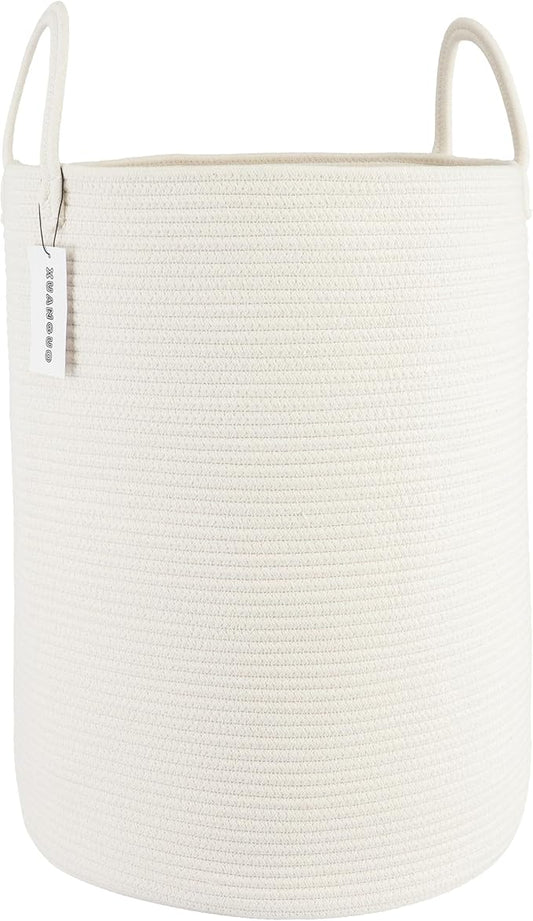 XUANGUO Cotton Rope Laundry Basket Hamper for Clothes Woven Storage Basket for Living Room Bedroom Boho Tall Rope Baskets for Blanket Toys Pillow Towels Baby Nursery Hamper Bin Large white