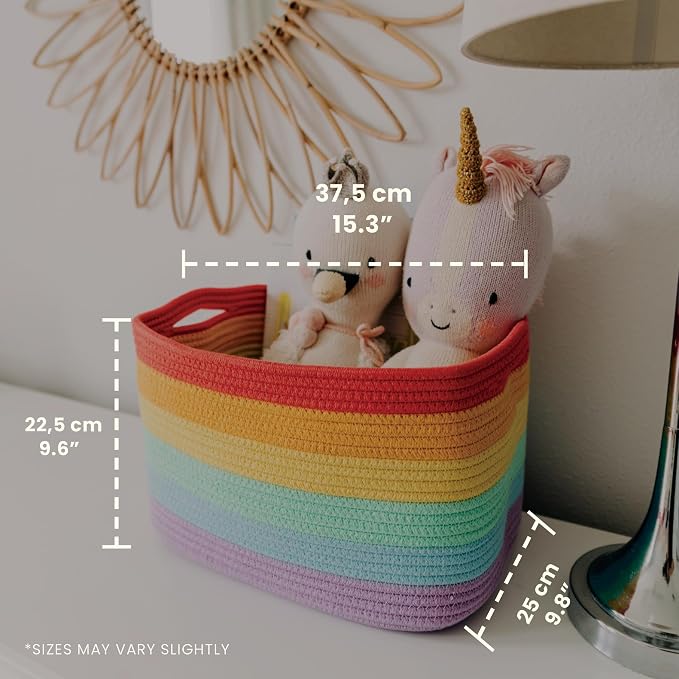 Rainbow Cotton Rope Basket for Shelf Storage - 15"×10"×9½" - Colorful Decorative Basket for Kids - Nursery, Playroom, Classroom - Toy Storage, Books, Towels