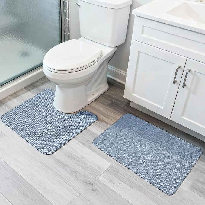Bosap Bath Mat Set 2 Pieces,Ultra Thin Bathroom Rugs,Rubber Toilet Rugs | Non Slip,Quick Dry,Machine Washable,Low Pile,Absorbent,Shower,Sink,Bathroom Decor.(Blue,17"x27" Plus 20"x24"U Shaped)