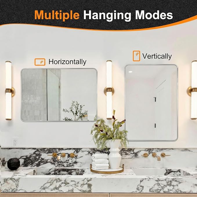 Delma Bathroom Vanity Mirror, Silver Framed Mirror for Over Sink, 30x20 | HD glass, distortion-free for makeup and grooming, Sturdy frame, all mounting hardware, hangs horizontal or vertical