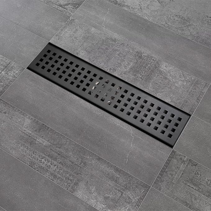 12 Inch Linear Shower Drain with Accessories, Rectangular Floor Drain 304 Stainless Steel Quadrato Pattern Removable Cover Matte Black