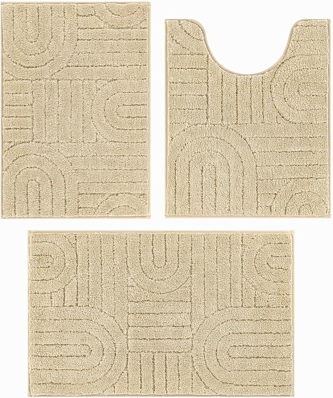 Vaukki Beige Bathroom Rugs Sets 3 Piece, 32x20+26x18+24x20 Inch | Washable Non Slip Soft Bath Mats for Shower and Tub, Plush Absorbent Microfiber Toilet Rug U Shaped