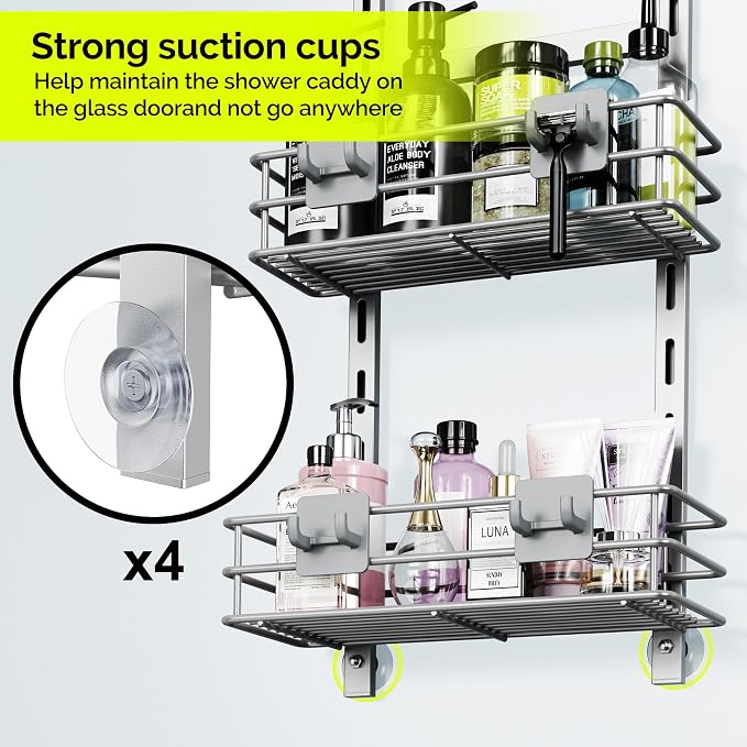 Orimade Over The Door Shower Caddy Adjustable 3 Tier Silver,Bathroom Hanging Organizer Shelf Rustproof with 4 Hooks,Shower Basket with Soap Holder and Suction Cup