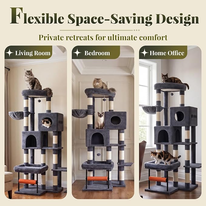 Hey-brother Cat Tree Tower with Stable L-Shaped Widen Base, Condo, MPJ086G | 68.5 Inches Multi-Level Furniture with 2 Platforms, 11 Scratching Posts, Hammock and Toys Ball for Indoor Cats, Smoky Gray