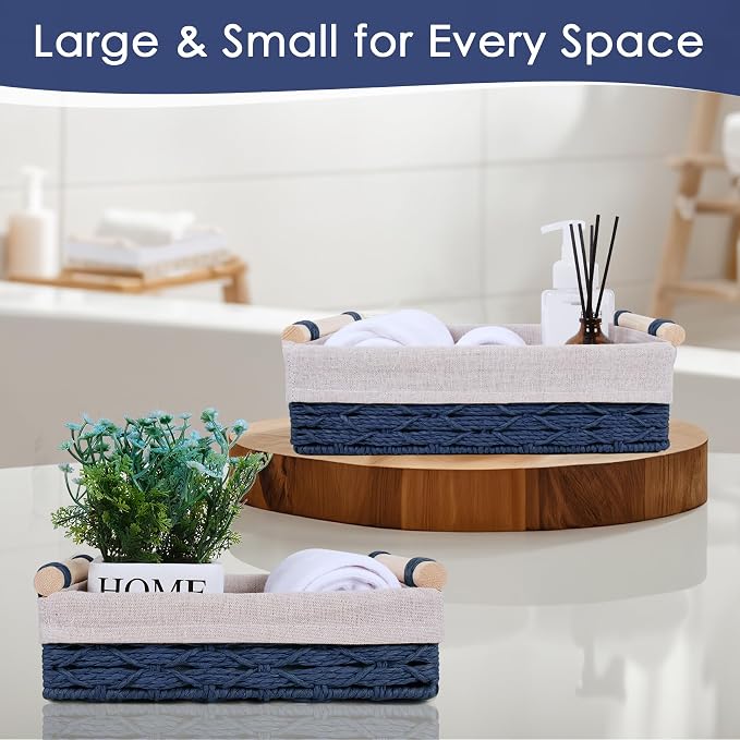 Wicker Storage Basket with Wooden Handle – Paper Rope Decorative Toilet Paper Baskets & Bathroom Organizer for Toilet Tank Top, Shelves, Bedroom, Countertop,Home,Office Storage Bins,2 Pack,Navy Blue