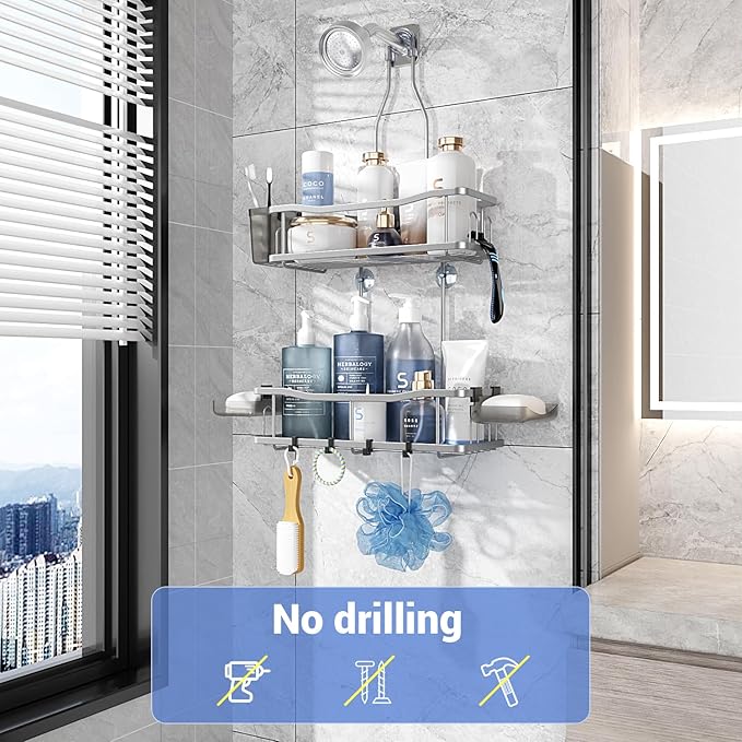 Aitatty Hanging Shower Caddy Bathroom Organizer: Rustproof Shower Shelf Racks Over Shower Head - No Drilling Inside Bath Shower Rack Shelves Over Showerhead for Shampoo with Soap Holder Silver | Includes Soap Holder and Hooks for Shampoo, Conditioner, ...