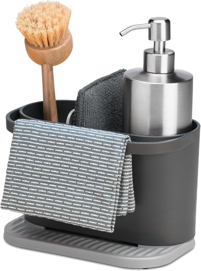 ReBorn Recycled Sink Organizer, Kitchen Sink Organizer, Two Main Compartments, Integrated Dish Cloth Rail, Ribbed and Sloped Base for Draining, Would Made in UK (Dark Grey)