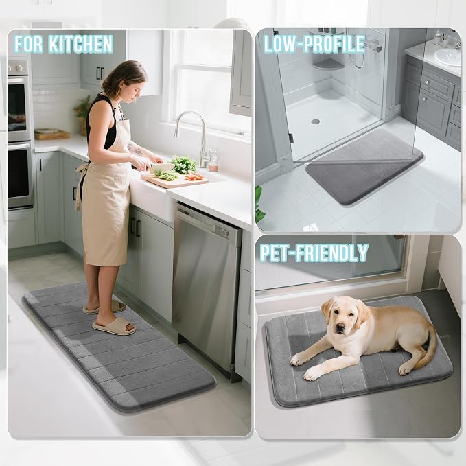 Yimobra 3 Pieces Memory Foam Bath Mat Set with U-Shaped Toilet Rug - Non Slip Super Soft Absorbent Quick Dry Bathroom Rugs for Bathtub, Vanity & Toilet Base, Gray