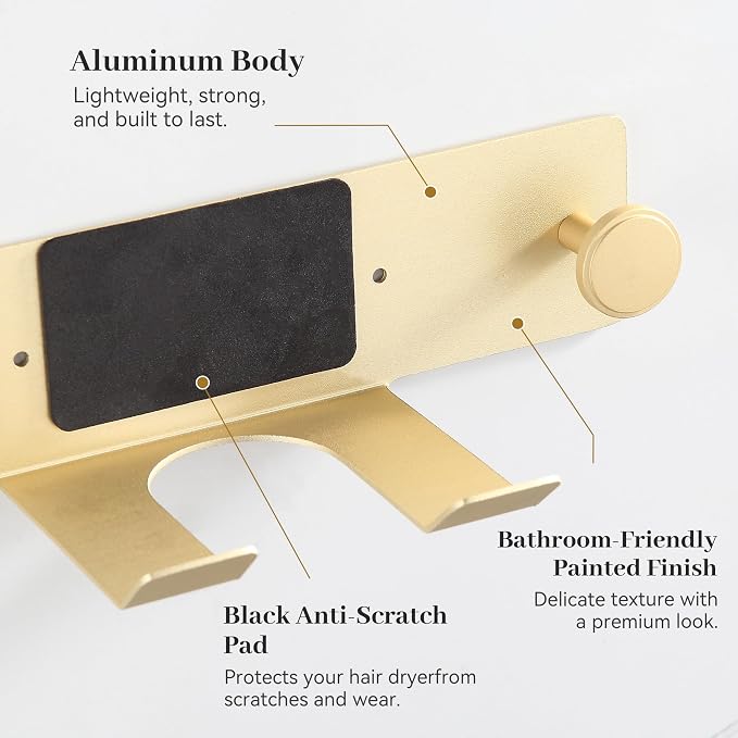 BVL Brushed Gold Hair Dryer Holder Wall Mount, Aluminum Blow Dryer Rack with Anti-Scratch Pad, Adhesive Pad & Screws Included, Renter Friendly Bathroom Organizer