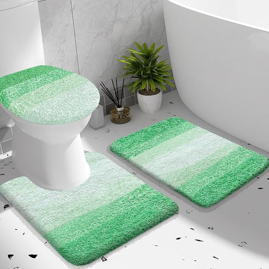 OLANLY Bathroom Rugs Sets 3 piece, Soft Microfiber Absorbent Bath Mat, U-Shaped Contour Toilet Mat and Toilet Lid Cover, Quick Dry, Machine Washable, Toilet Cover and Rug Set for Bathroom, Green