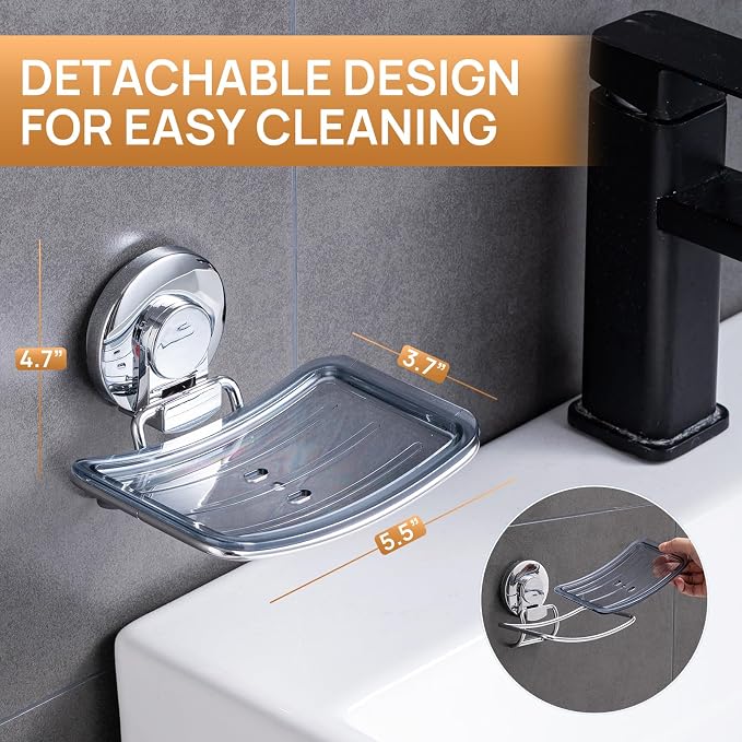 Chrome Suction Cup Soap Dish Holder for Shower Wall Drill-Free Rustproof Waterproof Wall Mount Strong Suction Removable Bar Soap Sponge Holder for Bathroom Bathtub Kitchen