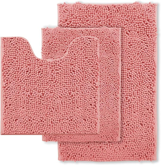 Bathroom Rugs Chenille Bath Mat Set 3-Piece Bath Rugs for Bathoom Extra Soft Bath Mats for Bathoom Non Slip Absorbent Shag Bthroom Carpet, Machine Washable, Toilet Rug Pink