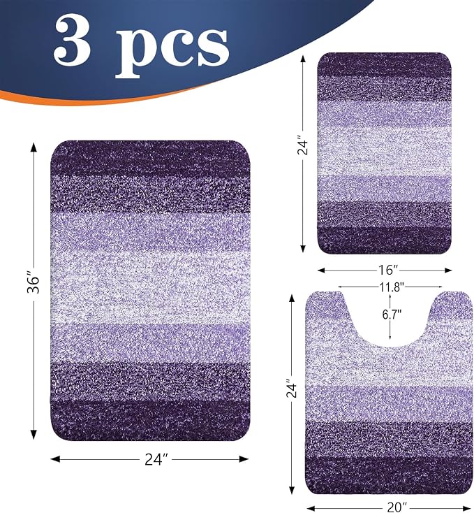 OLANLY Microfiber Bathroom Rugs Sets 3 Piece, 36"x24"+24"x16"+24"x20" | Violet, Soft Absorbent Bath Mats and U-Shaped Contour Toilet Rug, Plush Shaggy Bath Mat Set for Bathroom
