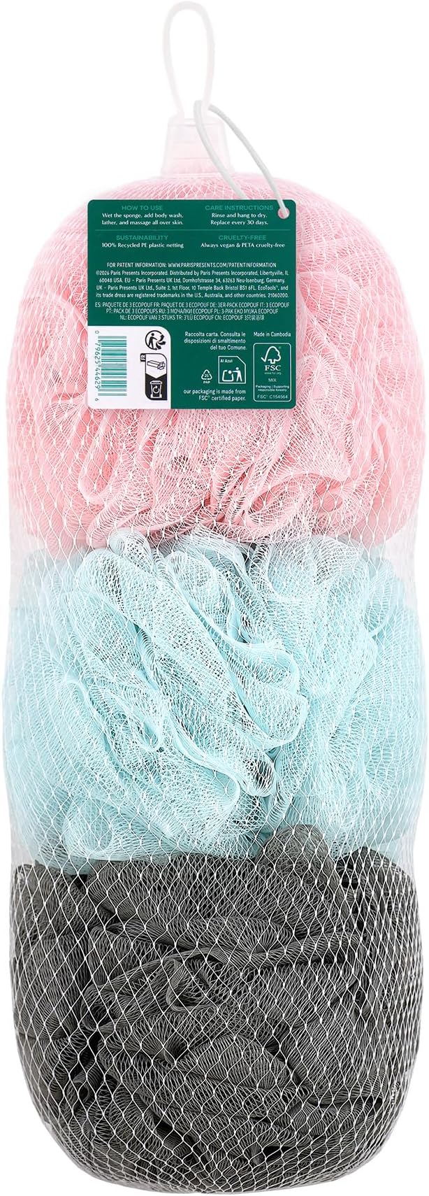 EcoTools EcoPouf 3 Pack Bath Sponge Set, Shower Poufs | Gentle exfoliation daily, shower puff sponges for body, loofah pack, recycled netting, rich lather