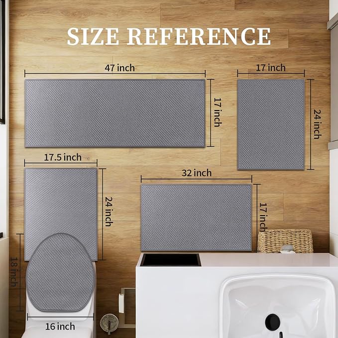 YIHOUSE Bathroom Rugs Sets 5 Piece Non Slip Washable, Absorbent Quick Dry Bath Mat Set with Toilet Mat, Weave Texture Low Profile Bath Rugs, Floor Mats for Bathroom, Tub & Shower, Light Grey