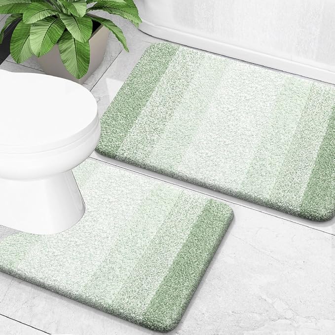 OLANLY Micorfiber Bathroom Rug Set 2 Piece, 24"x16"+U-Shaped 24"x20" | Sage Green, Soft Absorbent Bath Mats and Contour Toilet Rug, Non-Slip, Machine Wash Dry, Plush Shaggy Bath Mats for Bathroom
