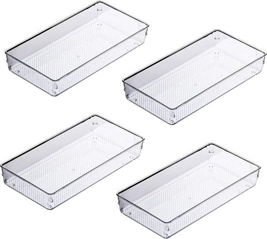 4Pack Large Size Clear Plastic Desk Drawer Dividers Drawer Organizer Wide Tray for Makeup,Kitchen Utensils,Jewelries and Gadgets 12’’x6’’